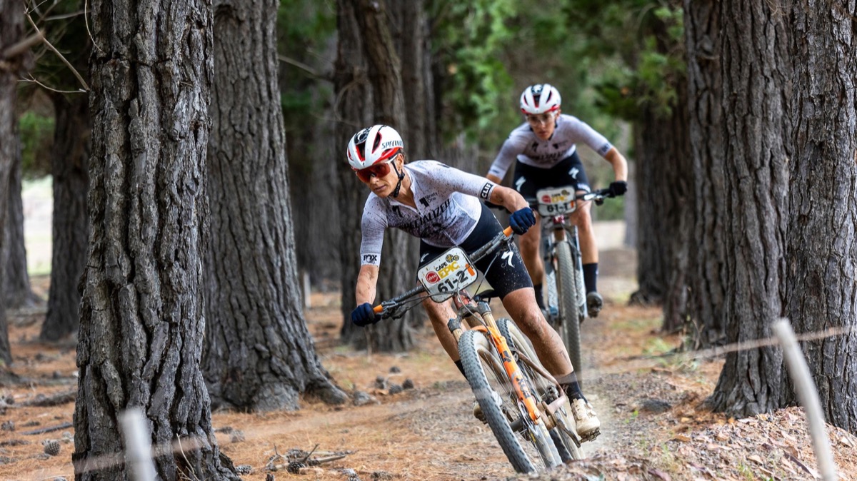 Katerina Nash and Sofia Gomez Villafane during stage 4 time trial of the 2023 Absa Cape Epic Mountain Bike stage race from Oak Valley Estate to Oak Valley Estate in Elgin, South Africa on the 23 rd March 2023.